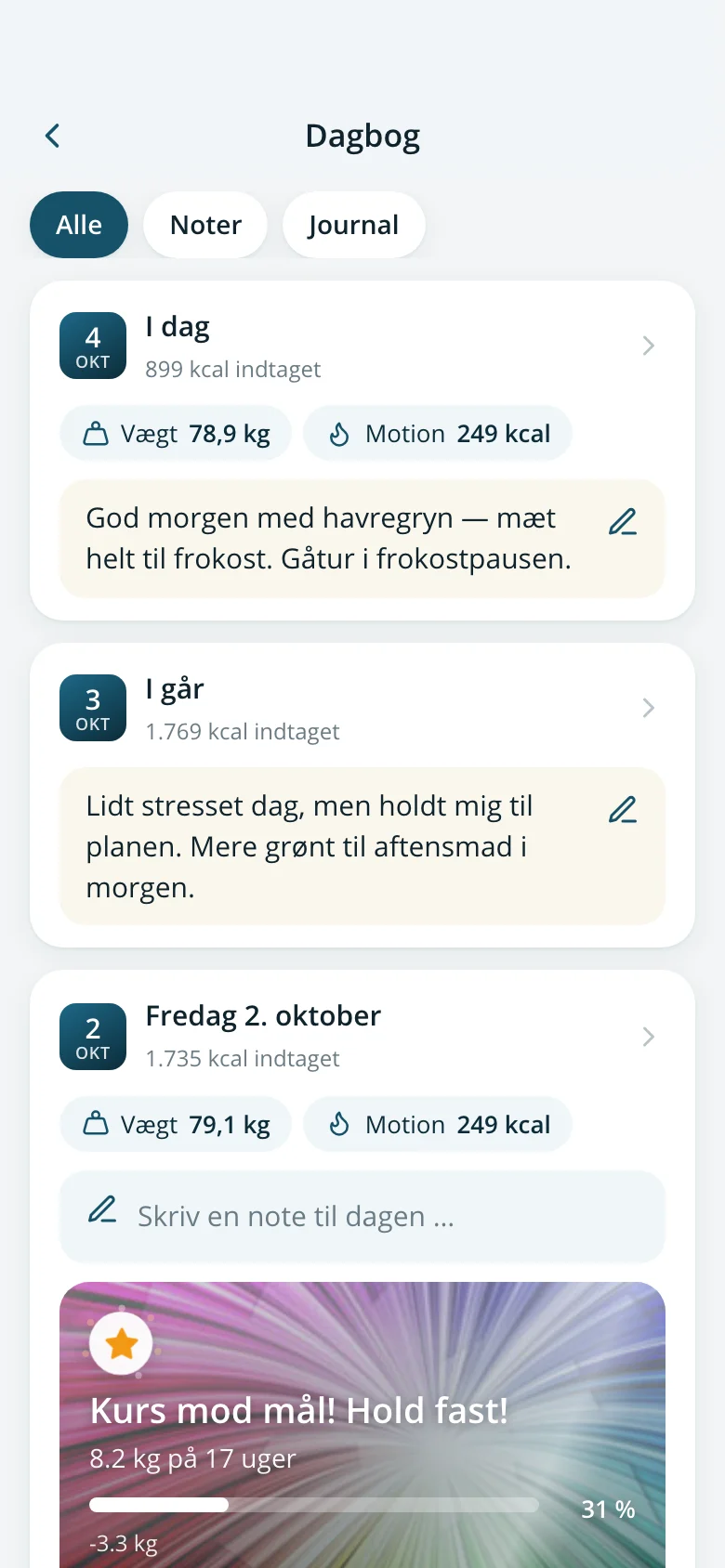 Dagbogen med dagens noter, vægt og motion