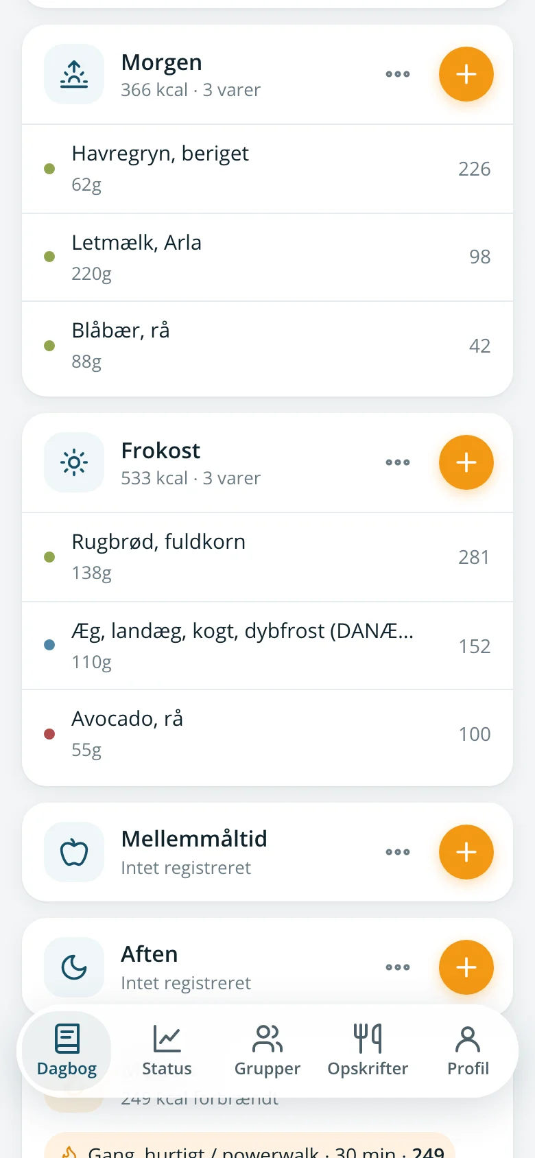 Måltiderne morgen og frokost med fødevarer og kalorier